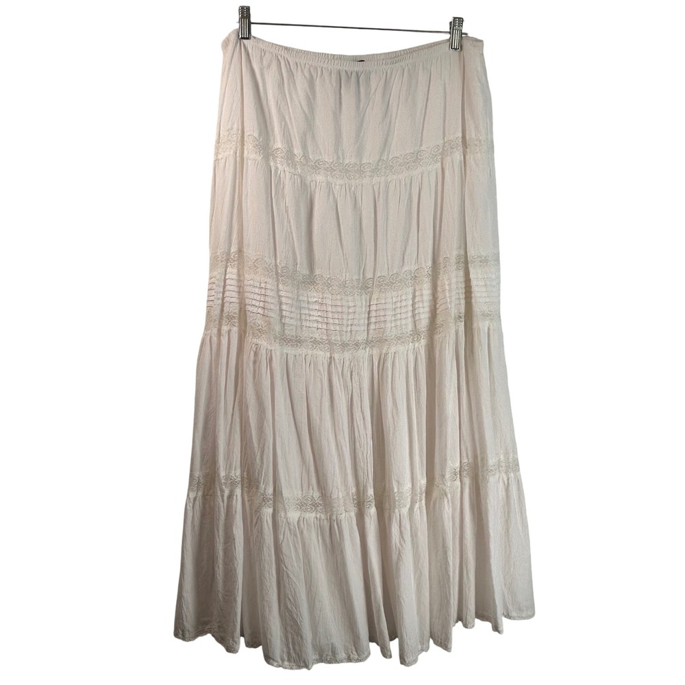 Karen Kane White Cotton Gauze Lace Trim Tiered Maxi Skirt XL Boho Pintuck